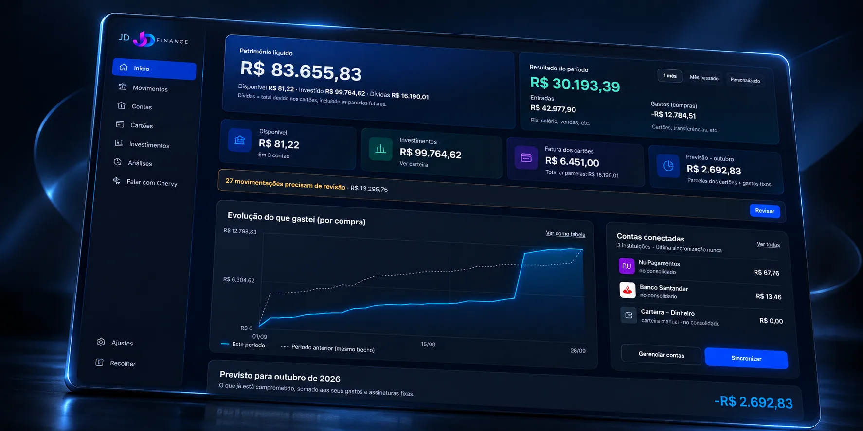 Dashboard do JD Finance com patrimônio líquido, resultado do período, contas conectadas e evolução de gastos
